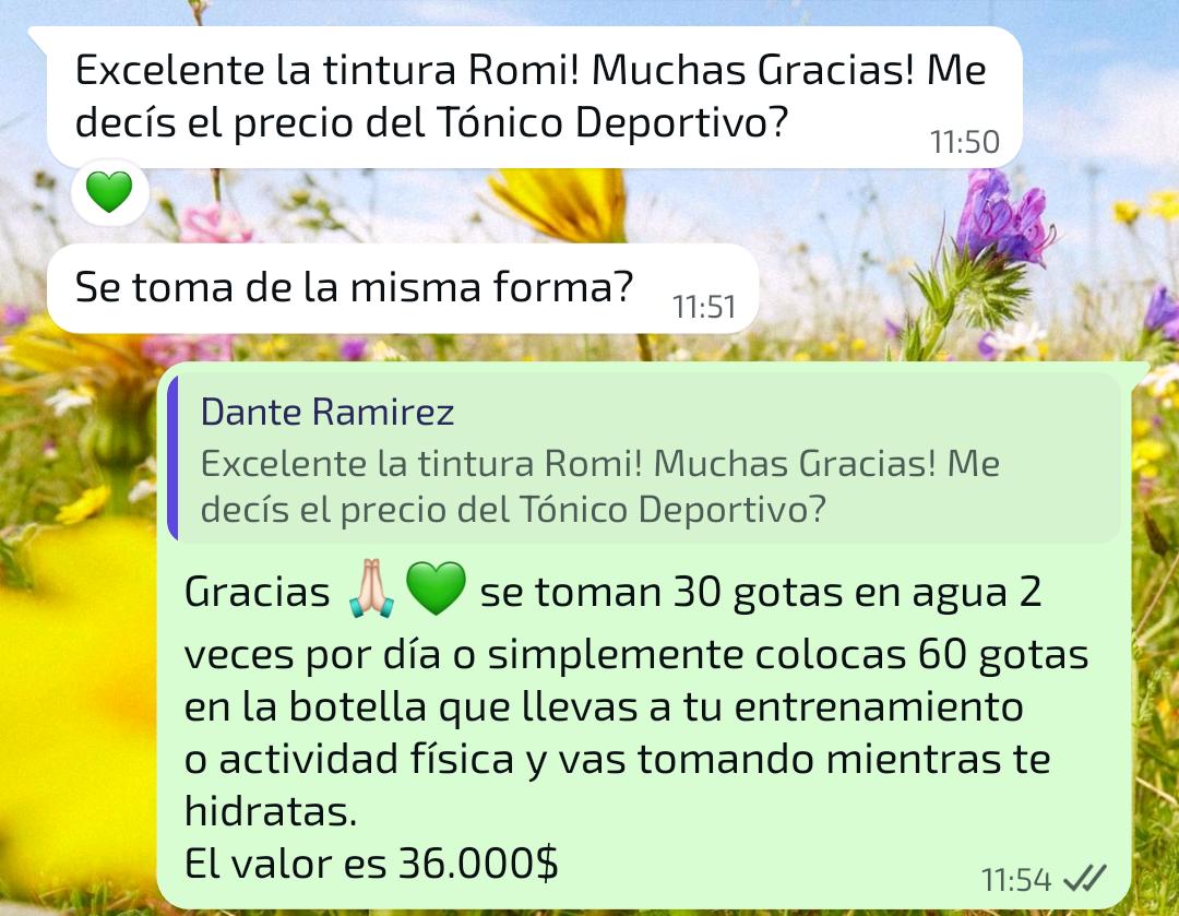 Captura de conversación sobre Tónico Deportivo ReVerdeSer